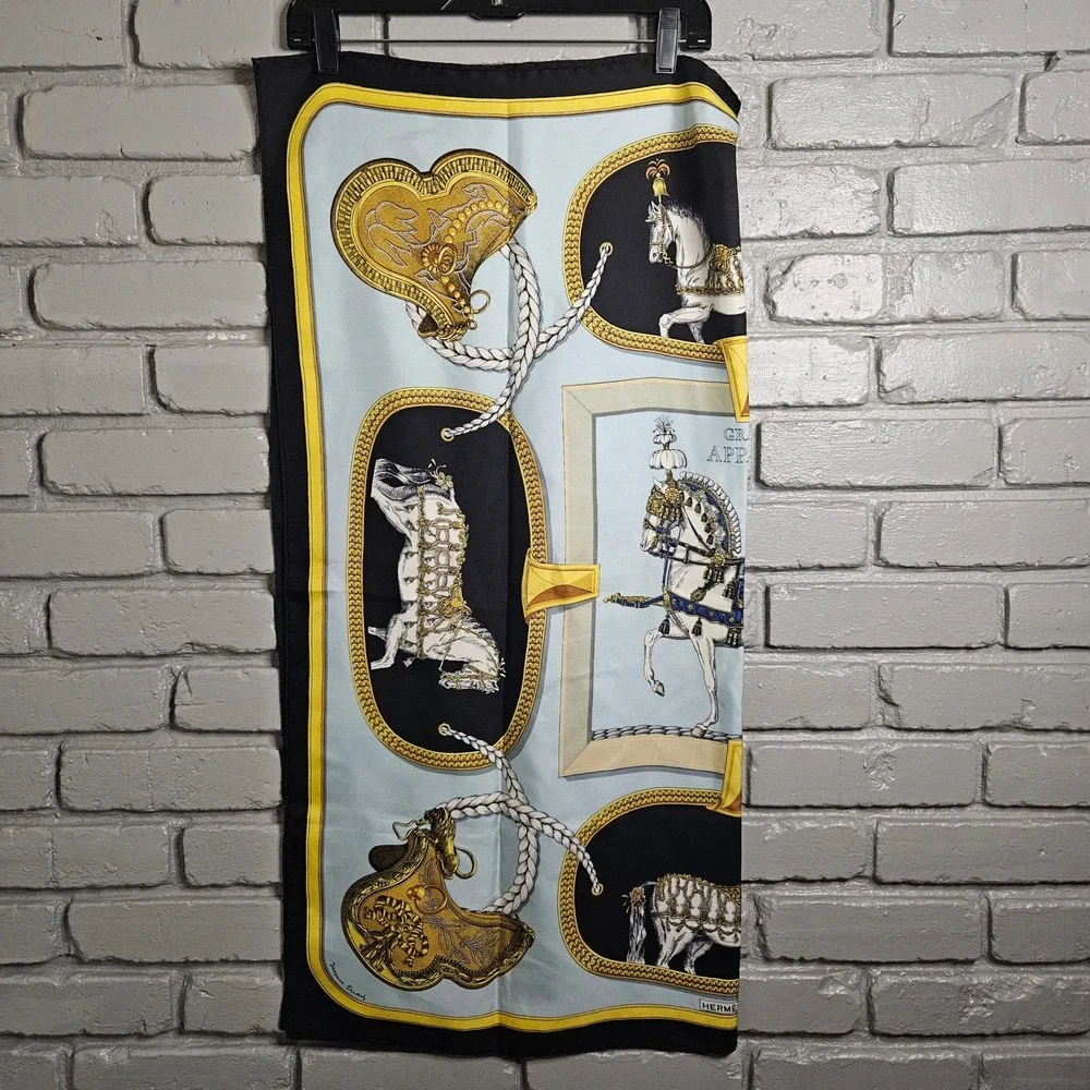 Hermes Grand Apparat Silk Scarf Jacques Eudel Blue‎ Black Gold Equestrian 16.5in